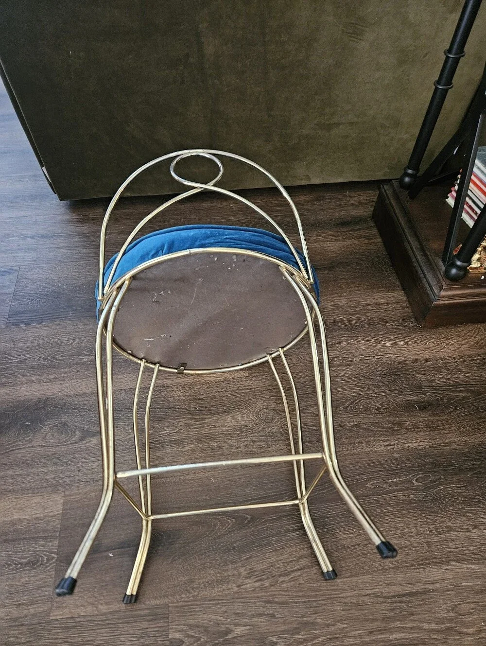 Vintage Brass Tufted Blue Velvet Accent Stool Hollywood Regency